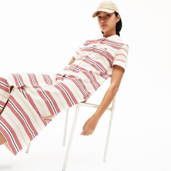 Lacoste Striped Cotton Buttoned Polo Dress - Šaty Dámské Bílé / Červené / Žluté / Tmavě Blankyt Blan